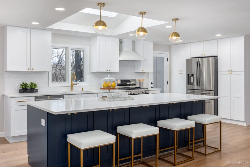 White and Blue Kitchen Design with pendant light