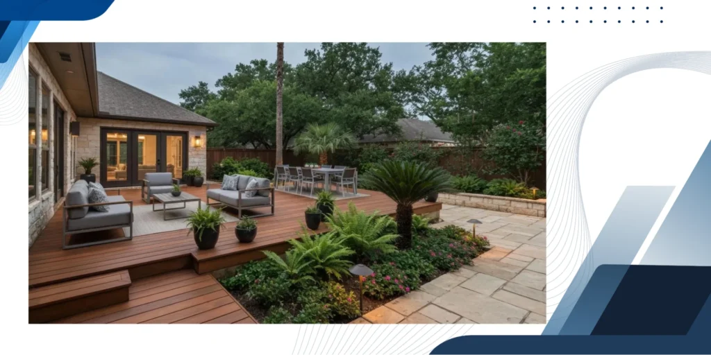 Beautiful backyard with a modern wooden deck, outdoor seating, and landscaping completed by a professional deck installation service