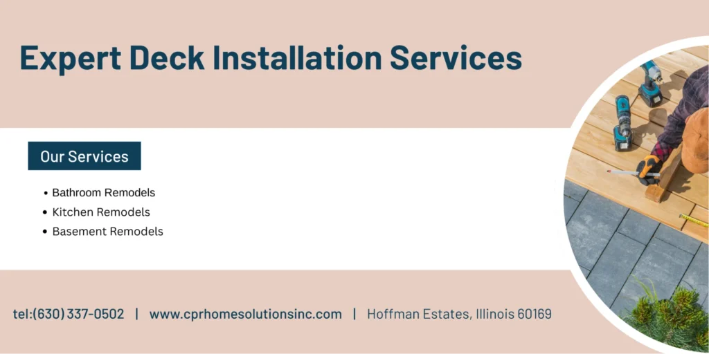 Expert deck installation service banner showing tools, wooden deck construction, and home remodeling services in Hoffman Estates, Illinois