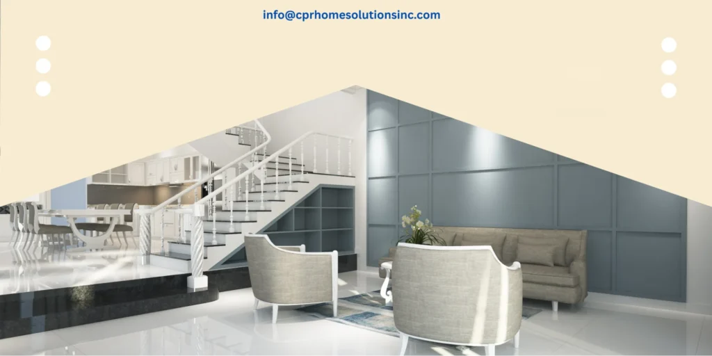 “Spacious open home interior with staircase, seating area, and bright layout designed through a custom home remodeling service.