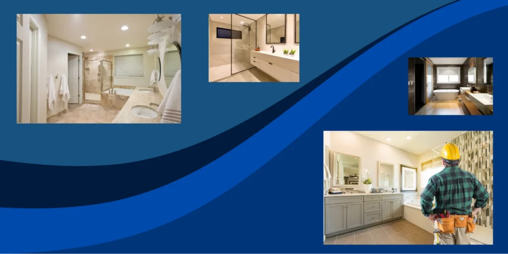 1 day bathroom remodel design featuring multiple modern bathrooms and a contractor inspecting a newly renovated bathroom with a blue branded background.