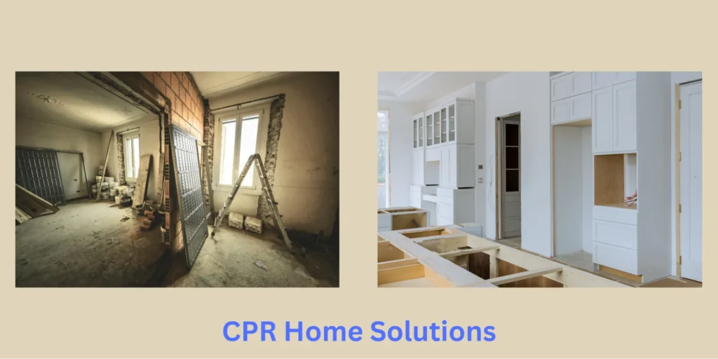 Before and after home renovation showing a damaged interior space transformed into a bright, modern kitchen, highlighting the expertise of a whole home remodel contractor.