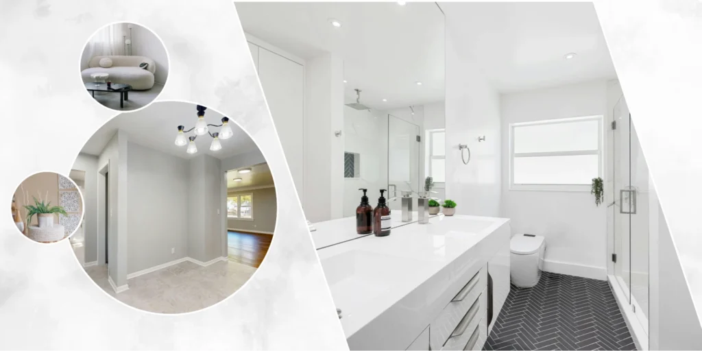 Modern white bathroom renovation with sleek vanity, glass shower, and black tile flooring, showcasing the work of a professional whole home remodel contractor transforming interior spaces.