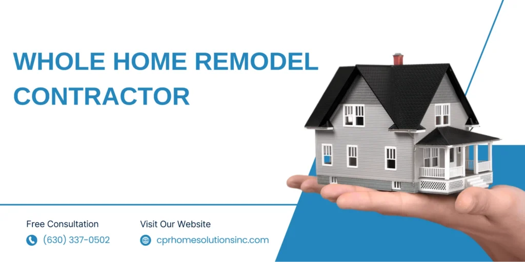 Whole home remodel contractor advertisement featuring a hand holding a detailed house model, promoting full home renovation services and custom remodeling solutions.