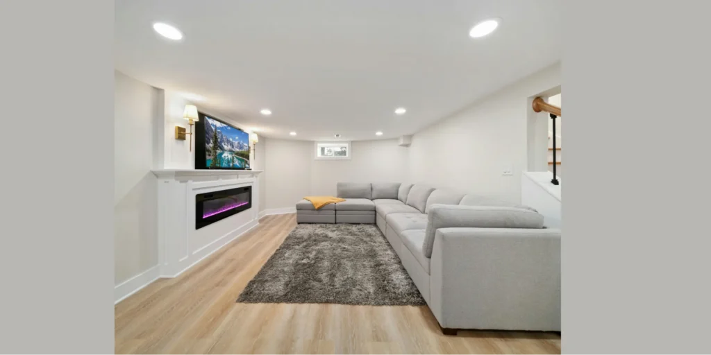 Modern finished basement family room with fireplace and sectional sofa showcasing Basement Plumbing Services and Remodeling in Hoffman Estates, IL. 

