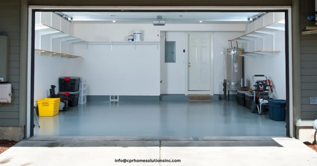Clean and spacious residential garage interior with wall-mounted shelving, storage bins, and a polished concrete floor, illustrating a garage conversion project ready for transformation into additional living space. 
