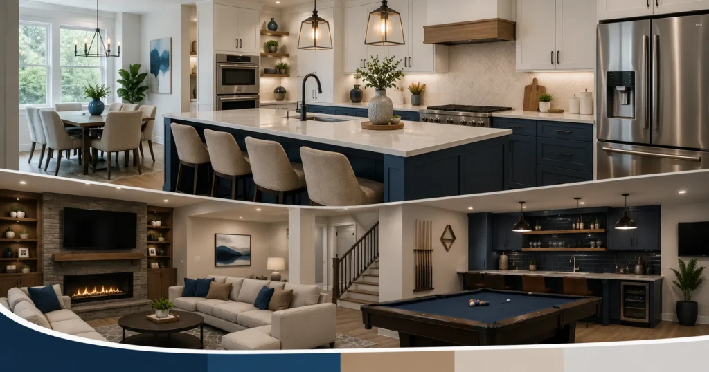 Completed kitchen and basement renovation featuring a spacious kitchen island, custom cabinetry, entertainment area, and finished basement by local custom home remodelers.