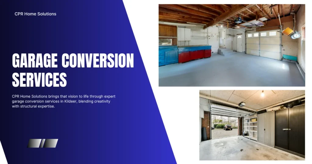 Promotional graphic showcasing garage conversion services with images of unfinished garages being remodeled into functional living areas, highlighting custom garage renovation and home improvement solutions.