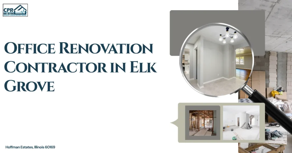 Promo Graphic Featuring Office Renovation Contractor with visuals showing office building, renovations to office, and finished commercial office space, indicating office remodeler and commercial office contractor services.