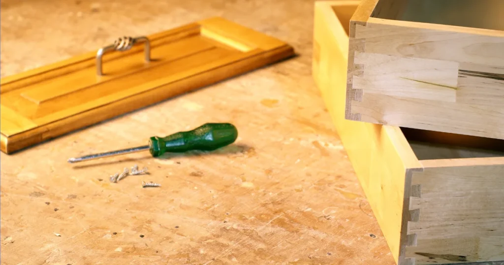 Woodworker's bench with unfinished dovetail drawer boxes, a screwdriver, screws, and a cabinet drawer front, illustrating “what are dovetail drawers” and how they are assembled for strength and longevity.
