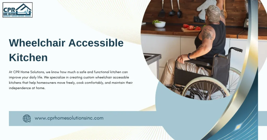 Graphic promoting a Wheelchair Accessible Kitchen. A wheelchair user in a specially designed accessible kitchen accessing upper cabinets with ease, promoting safe and independent cooking.