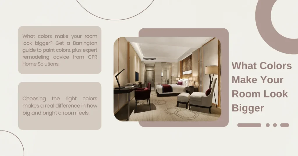 Interior design guide to decorate a modern bedroom in light neutral colours, explaining about what colours make your room look bigger by using the right colours and design tips.
