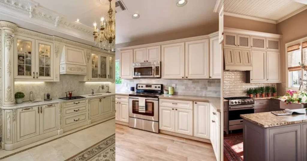 Three kitchen designs elegantly designed using antique white cabinets with warm beige walls, cream-colored back splashes, and wooden accents, indicating popular kitchen colors with antique white cabinets.