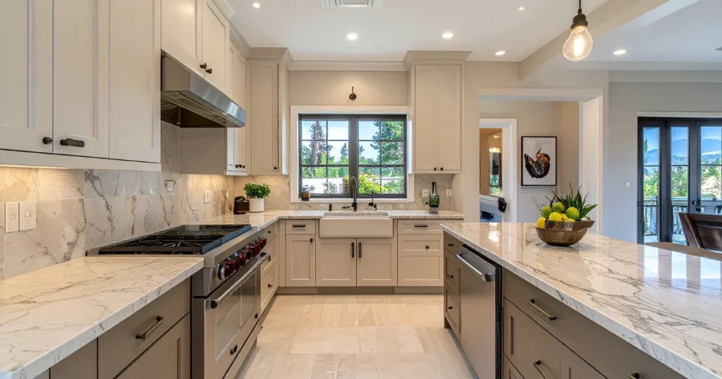 Modern kitchen with antique white cabinets, marble worktops, light neutral color palettes for the walls, and large windows, illustrating the kitchen colors with antique white cabinets.